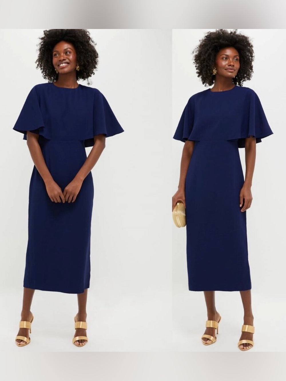 POMANDER Place Navy Midi Dress with Cape Sleeves‎